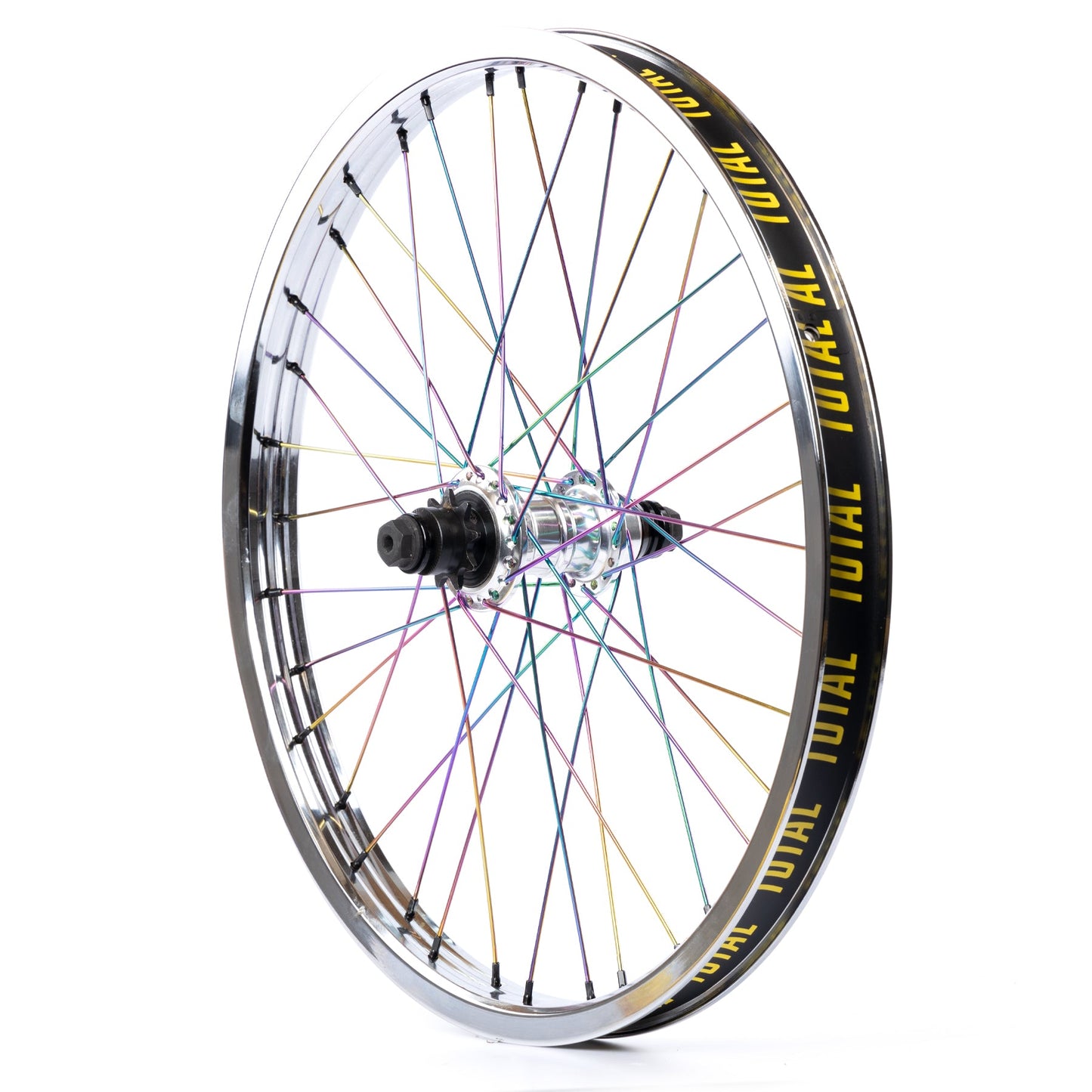 Total BMX Techfire Cassette Rear Wheel - Chrome With Rainbow Spokes 9 Tooth